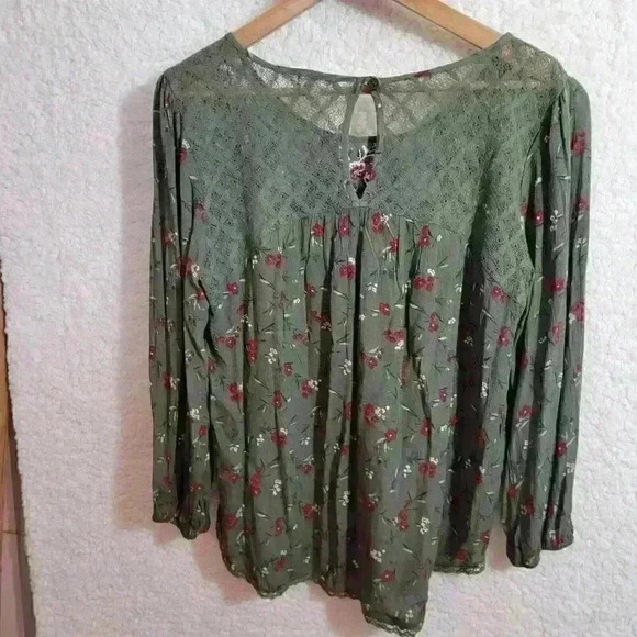 Mason Belle Blouse Top Womens Medium Maroon Floral Green Stretch Keyhole Boho - Picture 4 of 16